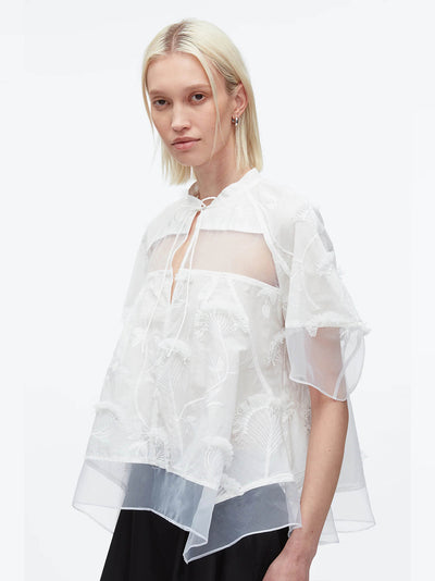 Embroidery Voile Top with Organza Combo Top (White)