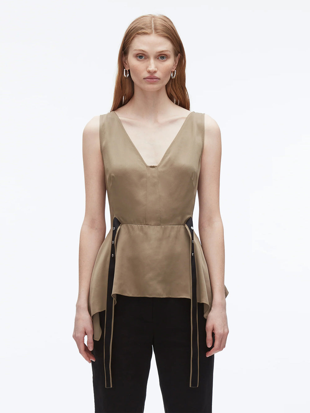 V-Neck Sleeveless Flounce Satin Top (Olive)