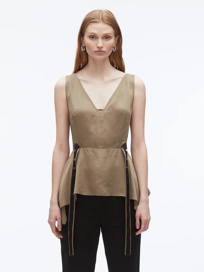 V-Neck Sleeveless Flounce Satin Top (Olive)