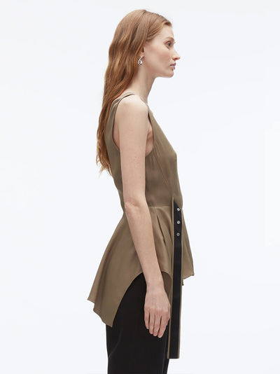 V-Neck Sleeveless Flounce Satin Top (Olive)