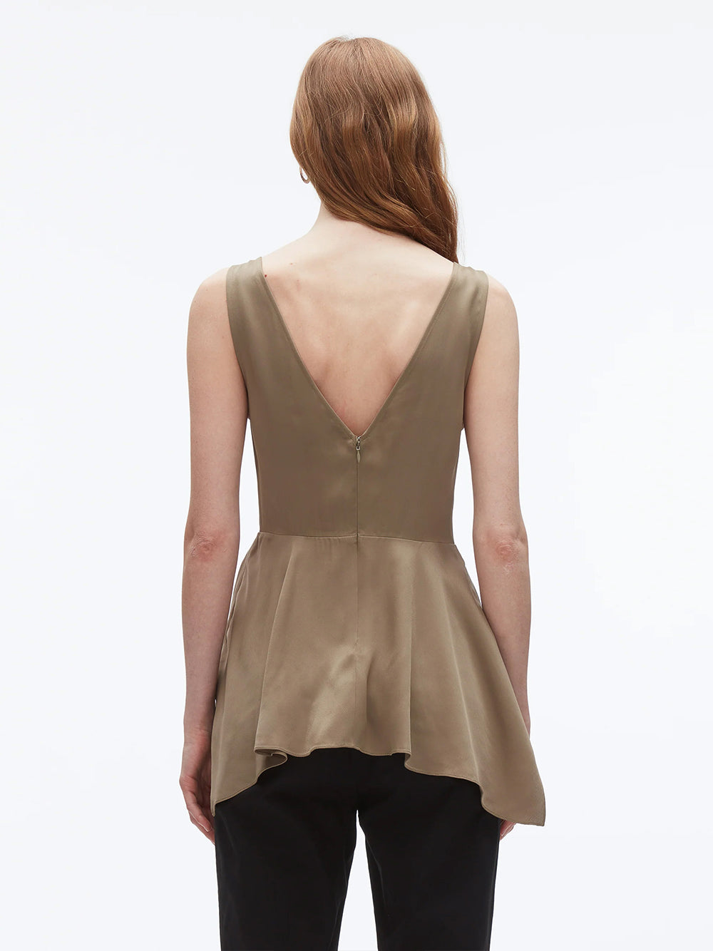 V-Neck Sleeveless Flounce Satin Top (Olive)