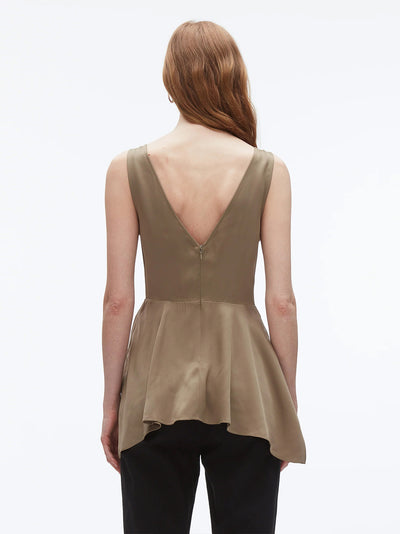 V-Neck Sleeveless Flounce Satin Top (Olive)
