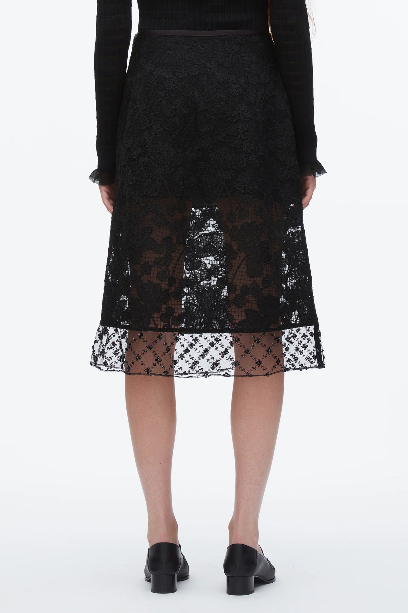 Corded Lace Organza Midi Skirt (Black)