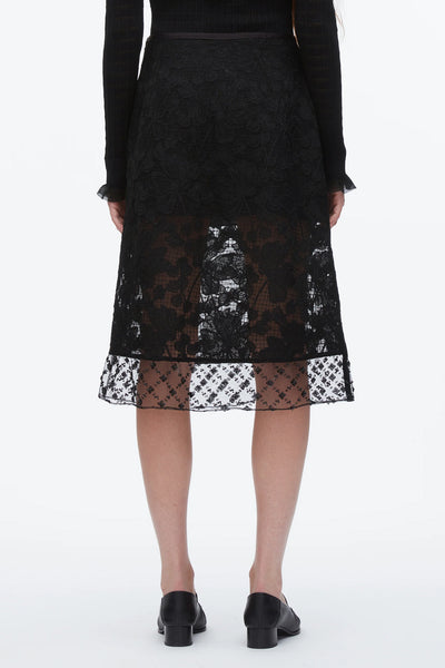 Corded Lace Organza Midi Skirt (Black)