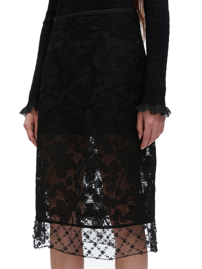 Corded Lace Organza Midi Skirt (Black)