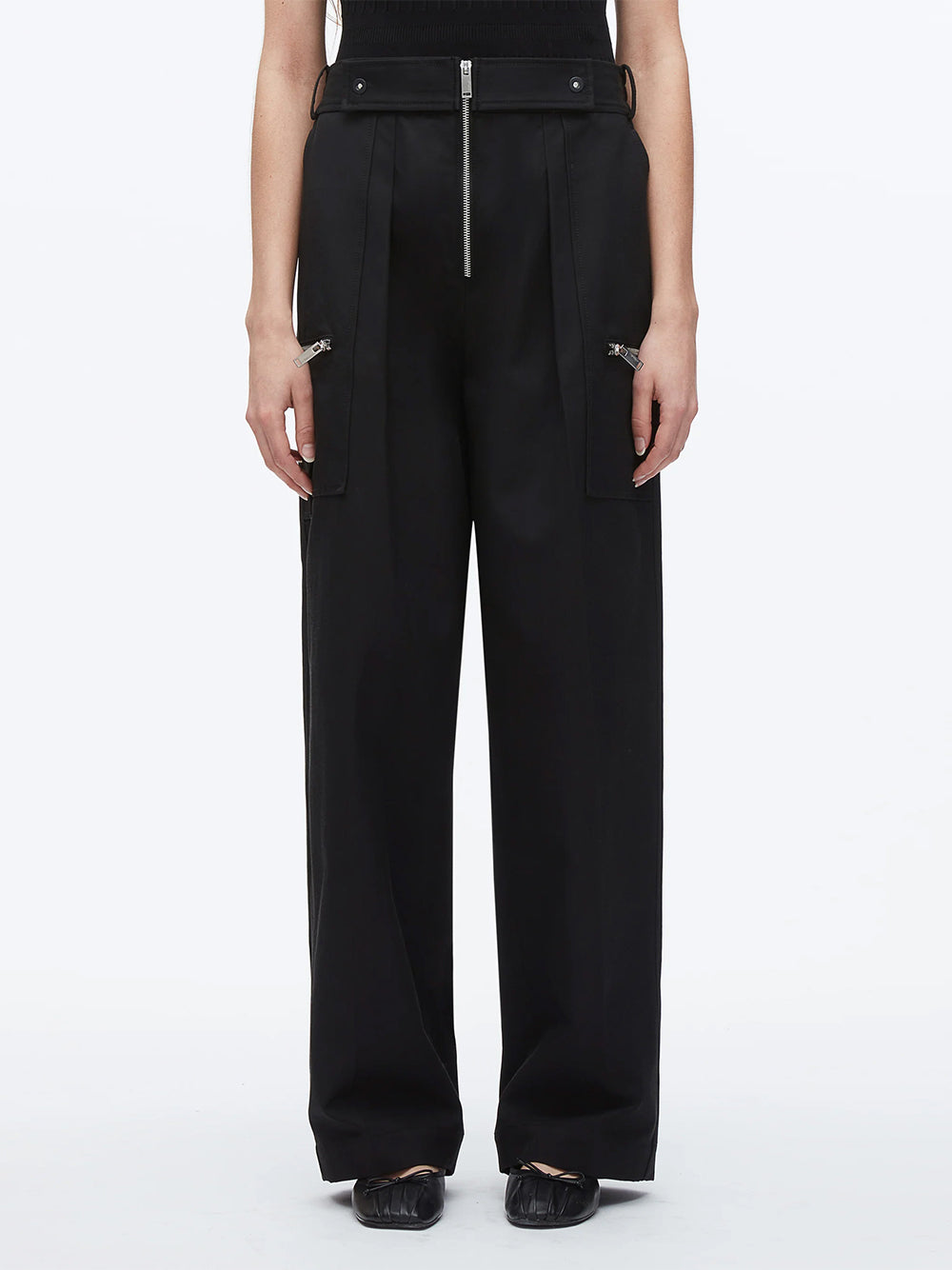 Zipper Detail Wide Leg Pants (Black)