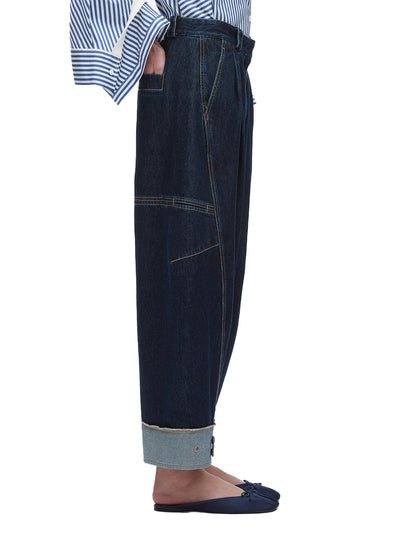Curved Wide Leg Cropped Jean (Dark Indigo)