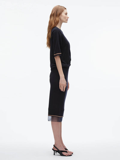 French Tuck Knit Dress With Organza (Navy)