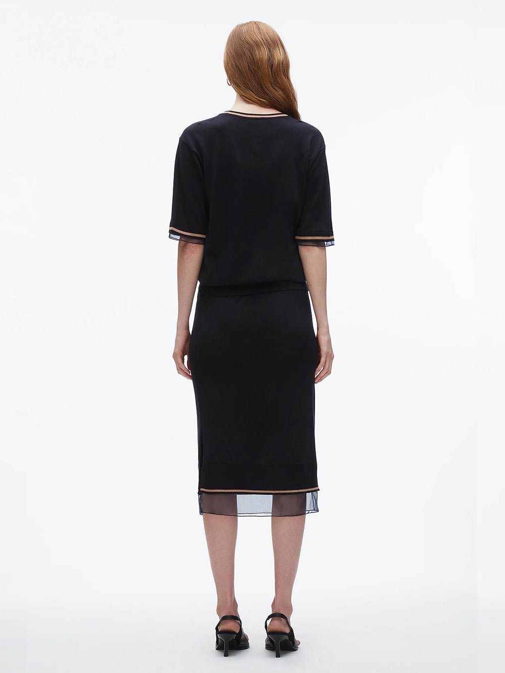 French Tuck Knit Dress With Organza (Navy)