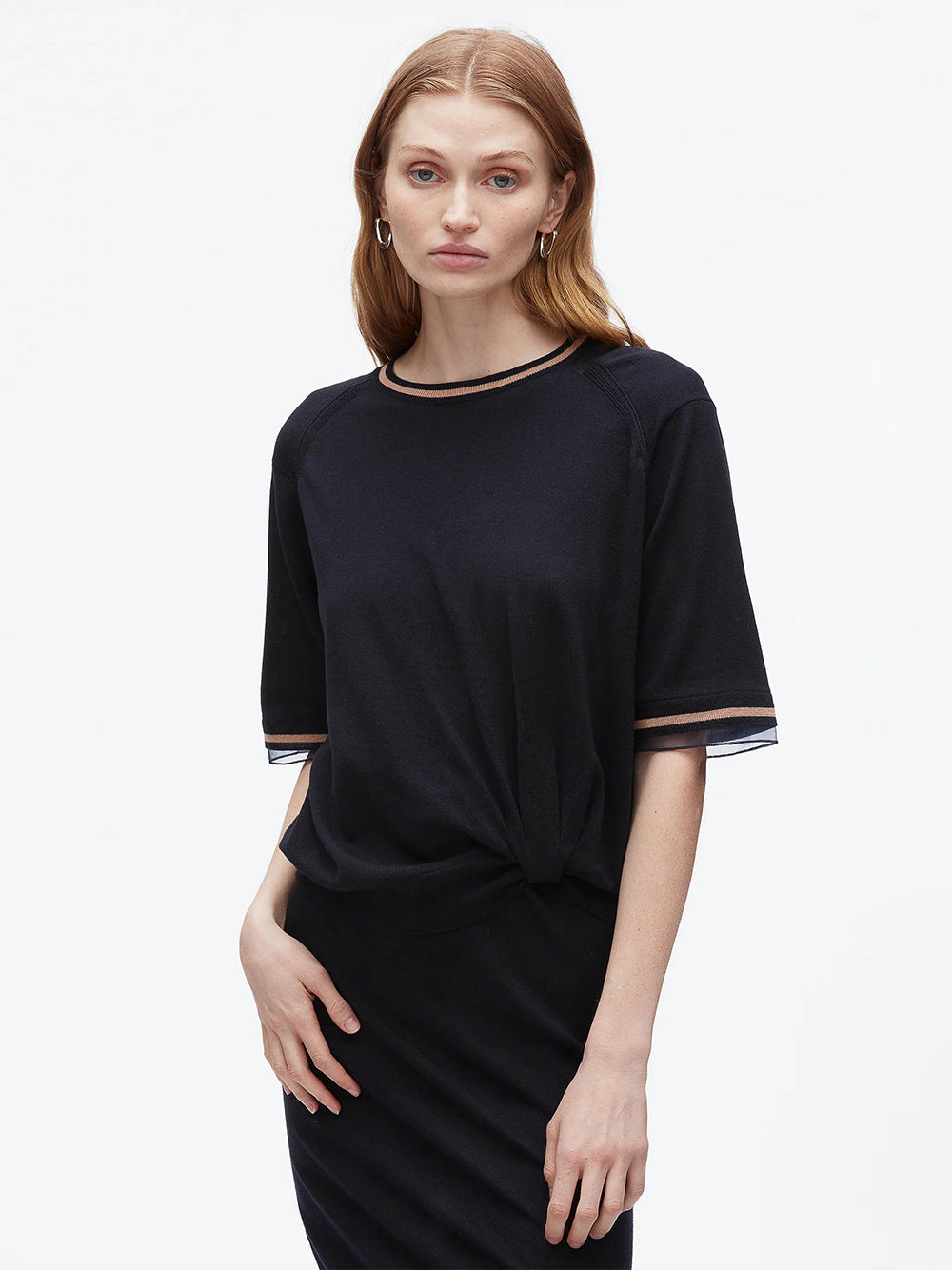 French Tuck Knit Dress With Organza (Navy)