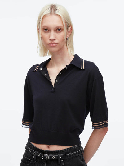 Cropped Polo With Organza (Navy)