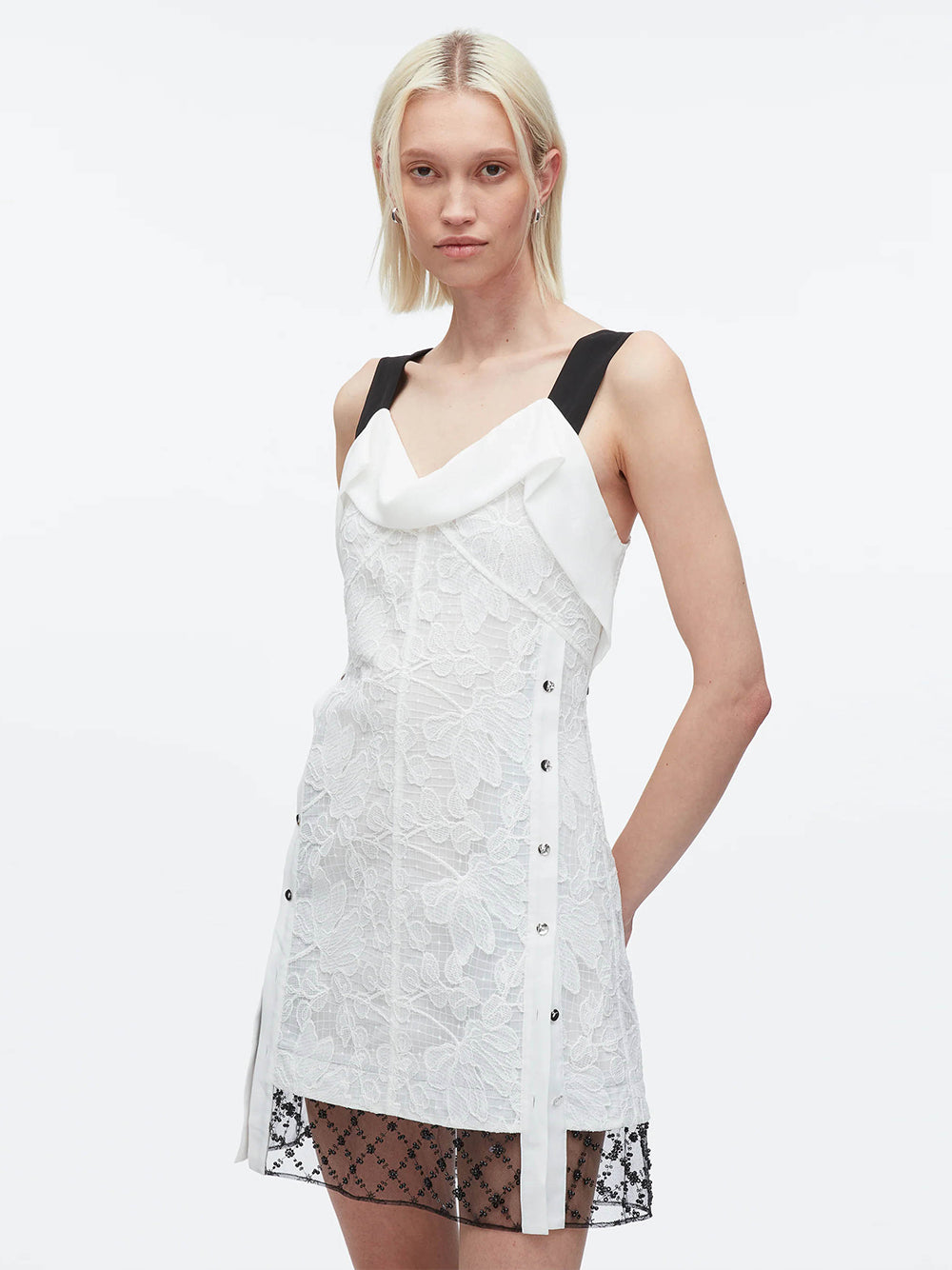 Corded Lace Mini Dress (White-Black)