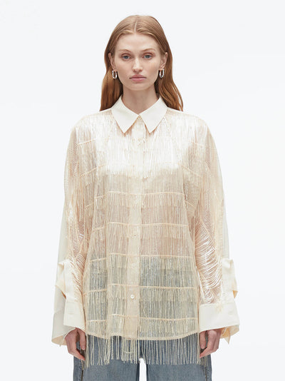 Sequin Fringe Shirt with Cascade Drape (Champagne)