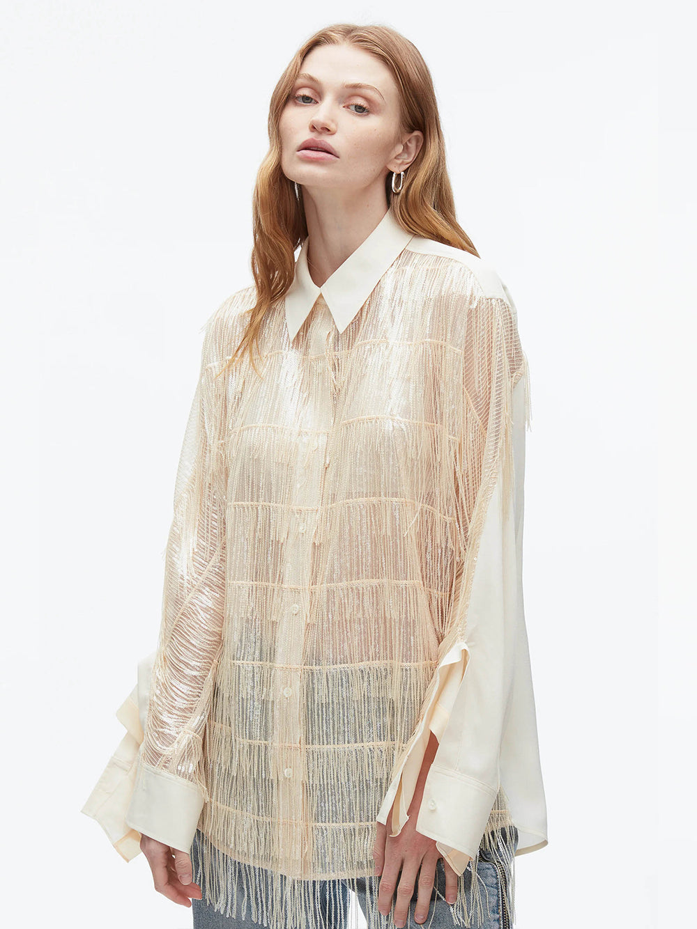 Sequin Fringe Shirt with Cascade Drape (Champagne)