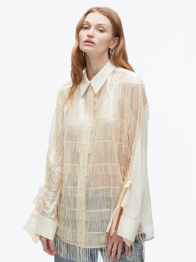 Sequin Fringe Shirt with Cascade Drape (Champagne)