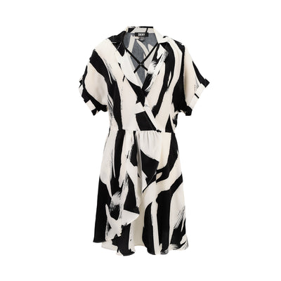 Linen Printed Cap-Sleeve Asymmetrical Shirtdress (Black/White)
