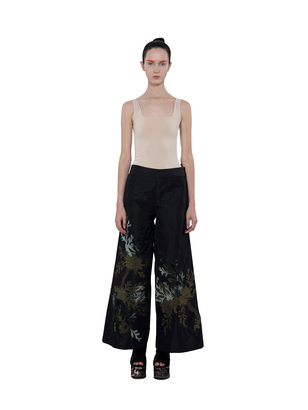 Taffeta Wide Leg Long Pants With Velvet Embroidery Appliqué  Black-moss