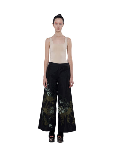 Taffeta Wide Leg Long Pants With Velvet Embroidery Appliqué  Black-moss