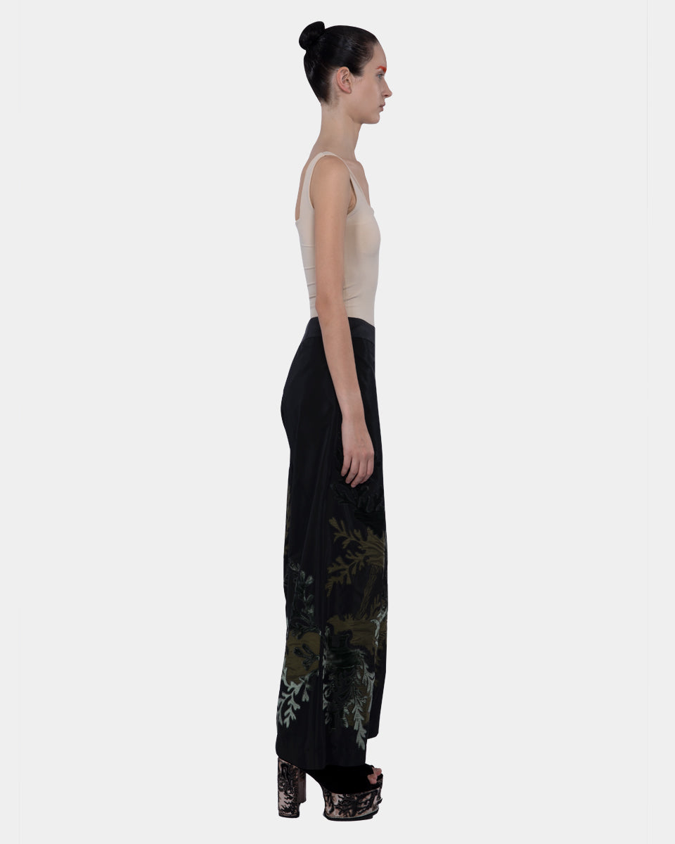 Taffeta Wide Leg Long Pants With Velvet Embroidery Appliqué  Black-moss