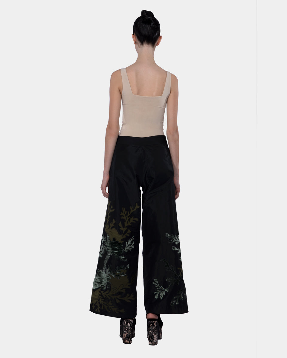 Taffeta Wide Leg Long Pants With Velvet Embroidery Appliqué  Black-moss