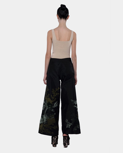 Taffeta Wide Leg Long Pants With Velvet Embroidery Appliqué  Black-moss