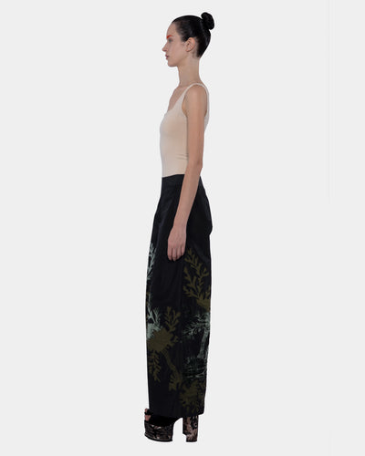Taffeta Wide Leg Long Pants With Velvet Embroidery Appliqué  Black-moss