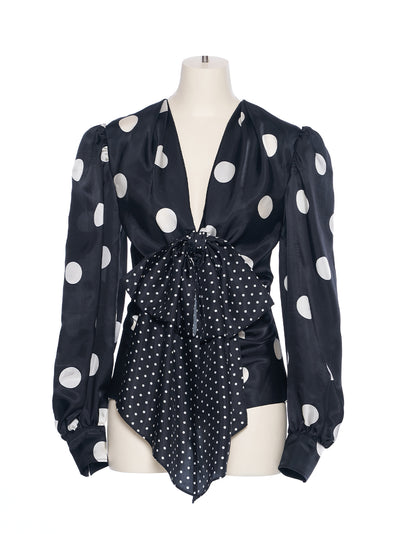 Polka Dot Ribbon Point Drape Top Black (Dot)