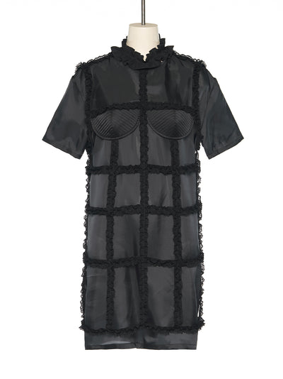 Shirring Lace Layered Dress Black