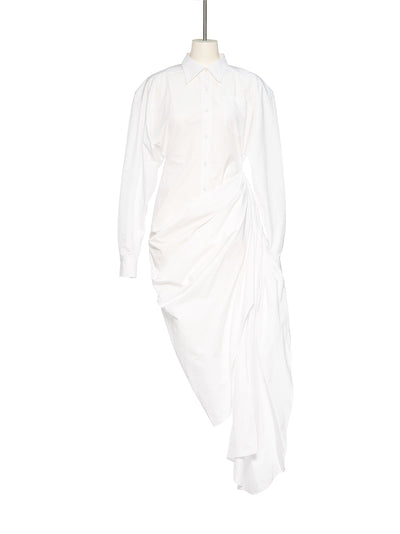 Asymmetric Drapping Shirt Dress White