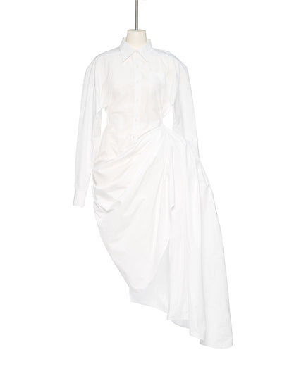 Asymmetric Drapping Shirt Dress White