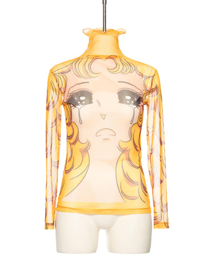 Crying Girl Mock Neck Mesh Top Yellow