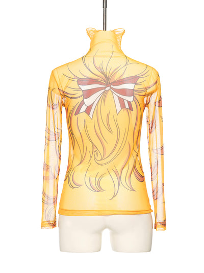 Crying Girl Mock Neck Mesh Top Yellow