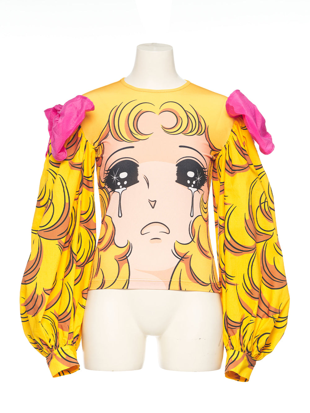 Crying Girl Puff Sleeve Ribbon Top Yellow Print