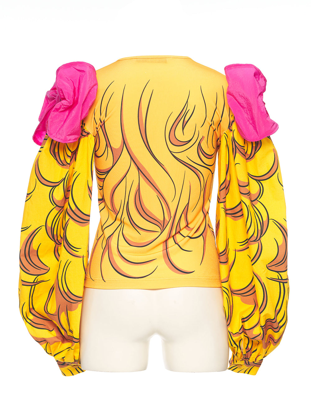 Crying Girl Puff Sleeve Ribbon Top Yellow Print