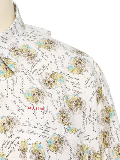 Crying Girl Print Movable Collar Shirt White Print