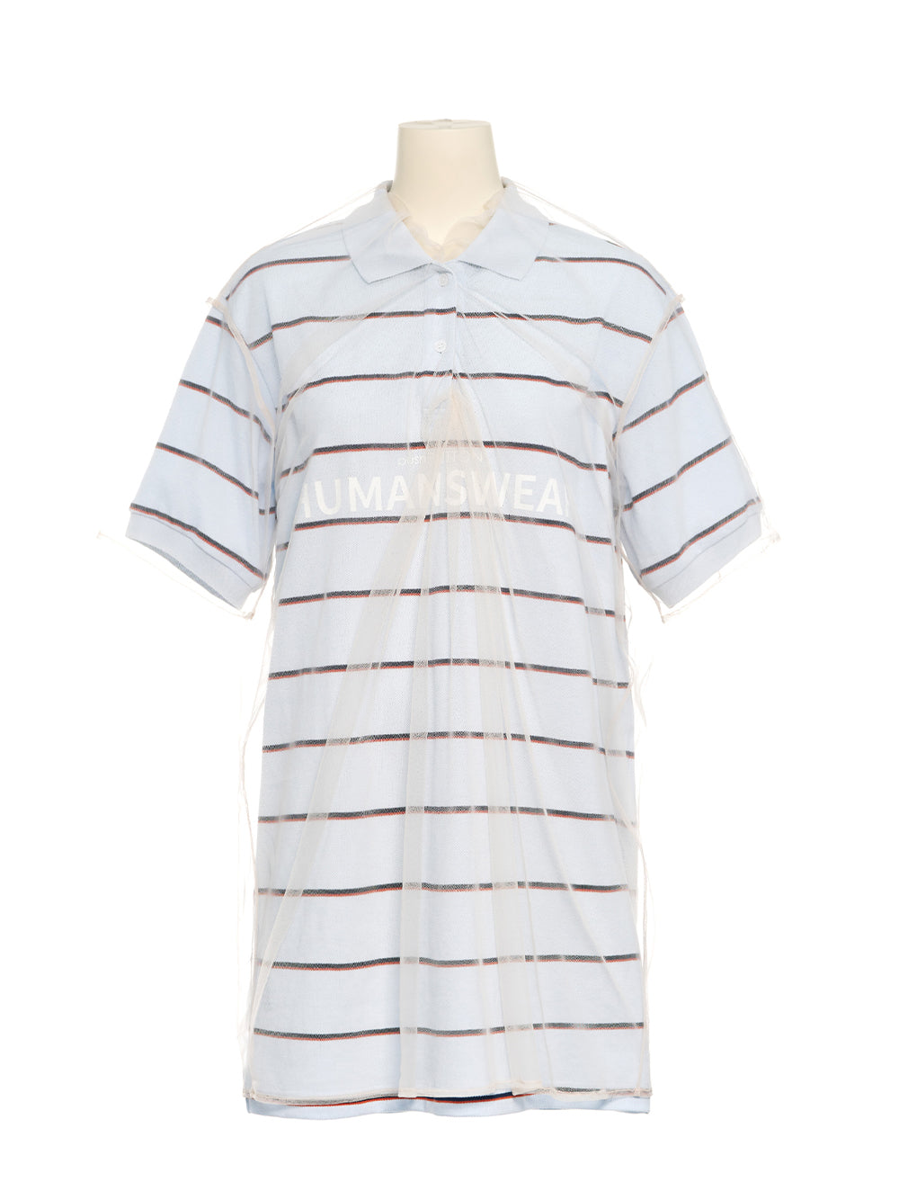 Mesh Layered Long Pique Top White Blue Stripe