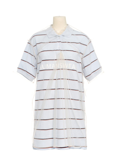 Mesh Layered Long Pique Top White Blue Stripe