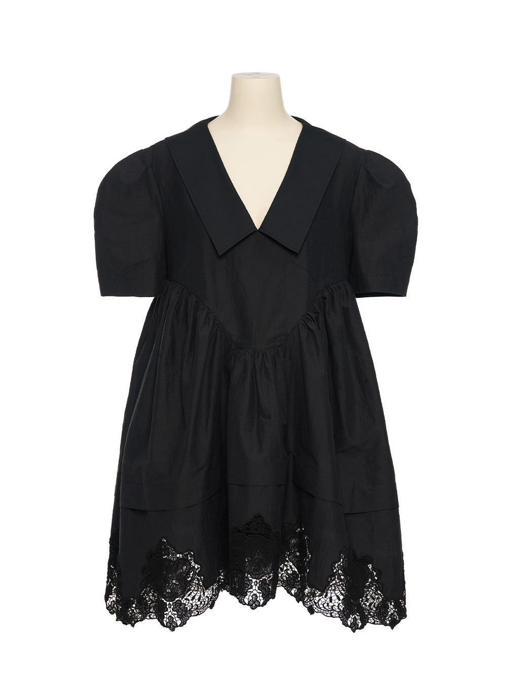 Lace Hem Puff Dress Black