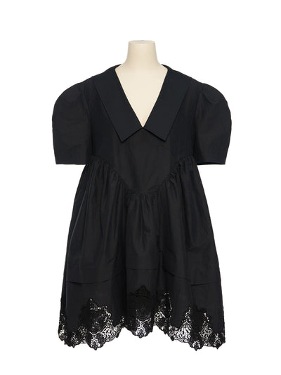 Lace Hem Puff Dress Black