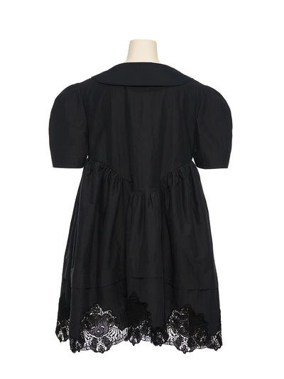 Lace Hem Puff Dress Black