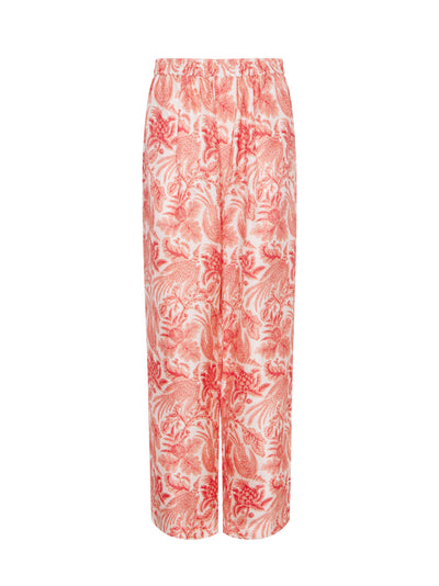 Silk Printed Long Pant With Elastic Coral