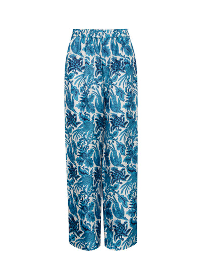 Silk Printed Long Pant With Elastic Ocean Blue