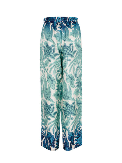 Silk Printed Long Pant With Elastic Ocean Celadon