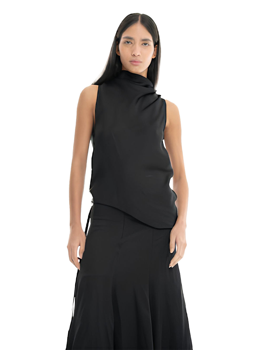 Linen Satin Cowl Neck Top Black