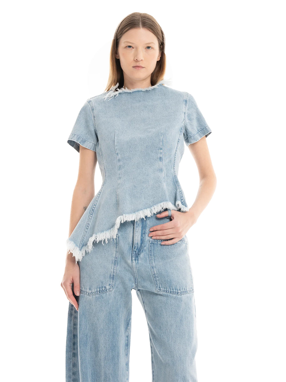 Denim Fitted Cap Sleeve Top Light Blue