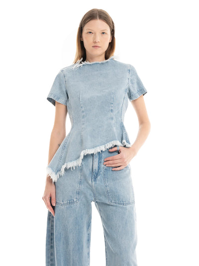 Denim Fitted Cap Sleeve Top Light Blue