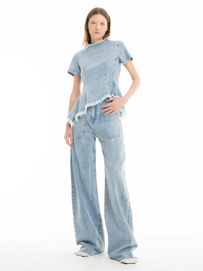 Denim Fitted Cap Sleeve Top Light Blue