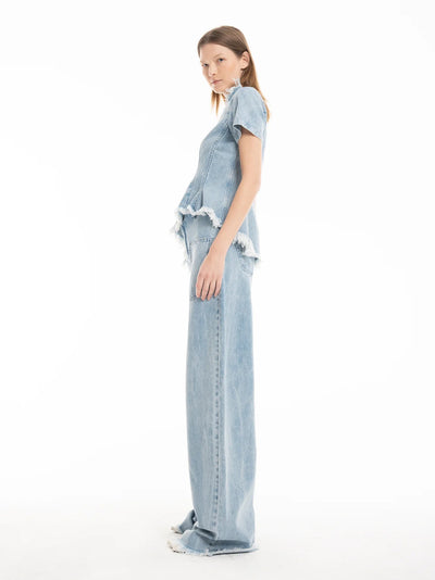 Denim Fitted Cap Sleeve Top Light Blue