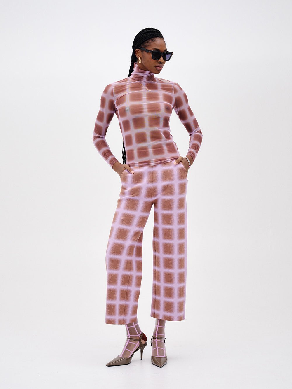 Thyme Wide Leg Cropped Pants (Brown/ Pink)