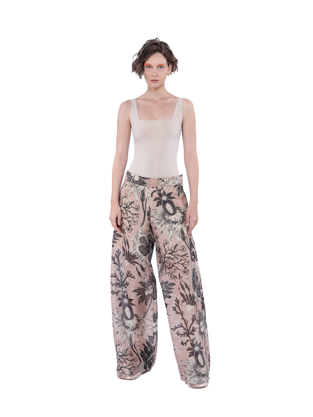Organza Silk Print Wide Leg Long Pants with Side Opening Blush